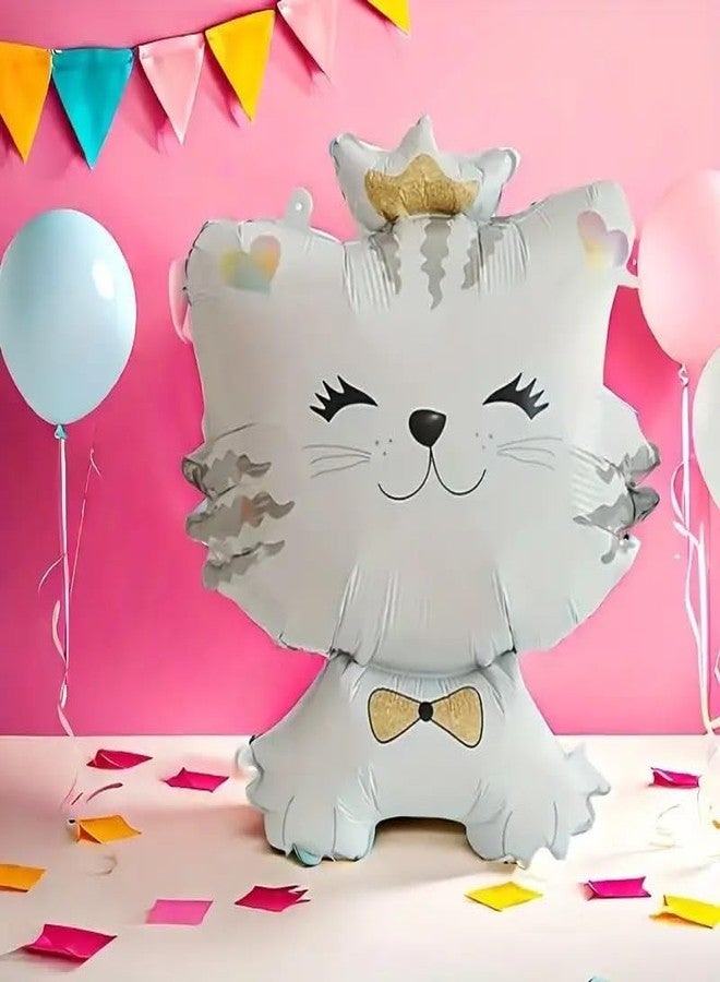 Atpata Funky Aptata Funky 28-Inch White Cat Foil Balloon with Bow, Crown, Smile - Ideal for Cat Parties, Birthdays, Animal Theme Pet Decorations - Durable, Reusable, Easy Inflation - Image 1